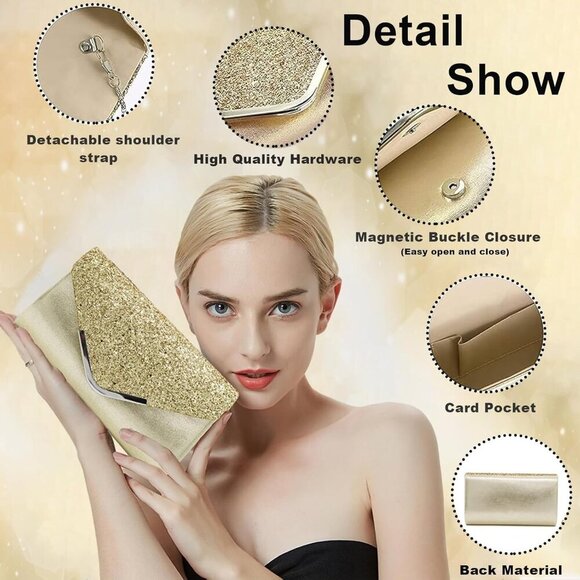 Clutch Purse for Women,Evening Bag Sparkling Handbag with Detachable Chain, Enve - Picture 4 of 9